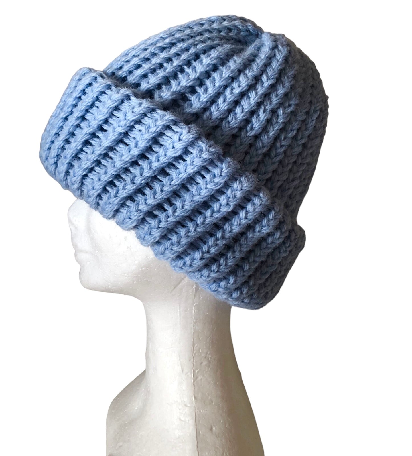 Hand Knit Luxury 100% Wool Beanie, Light Blue, Soft And Warm High Quality Hat