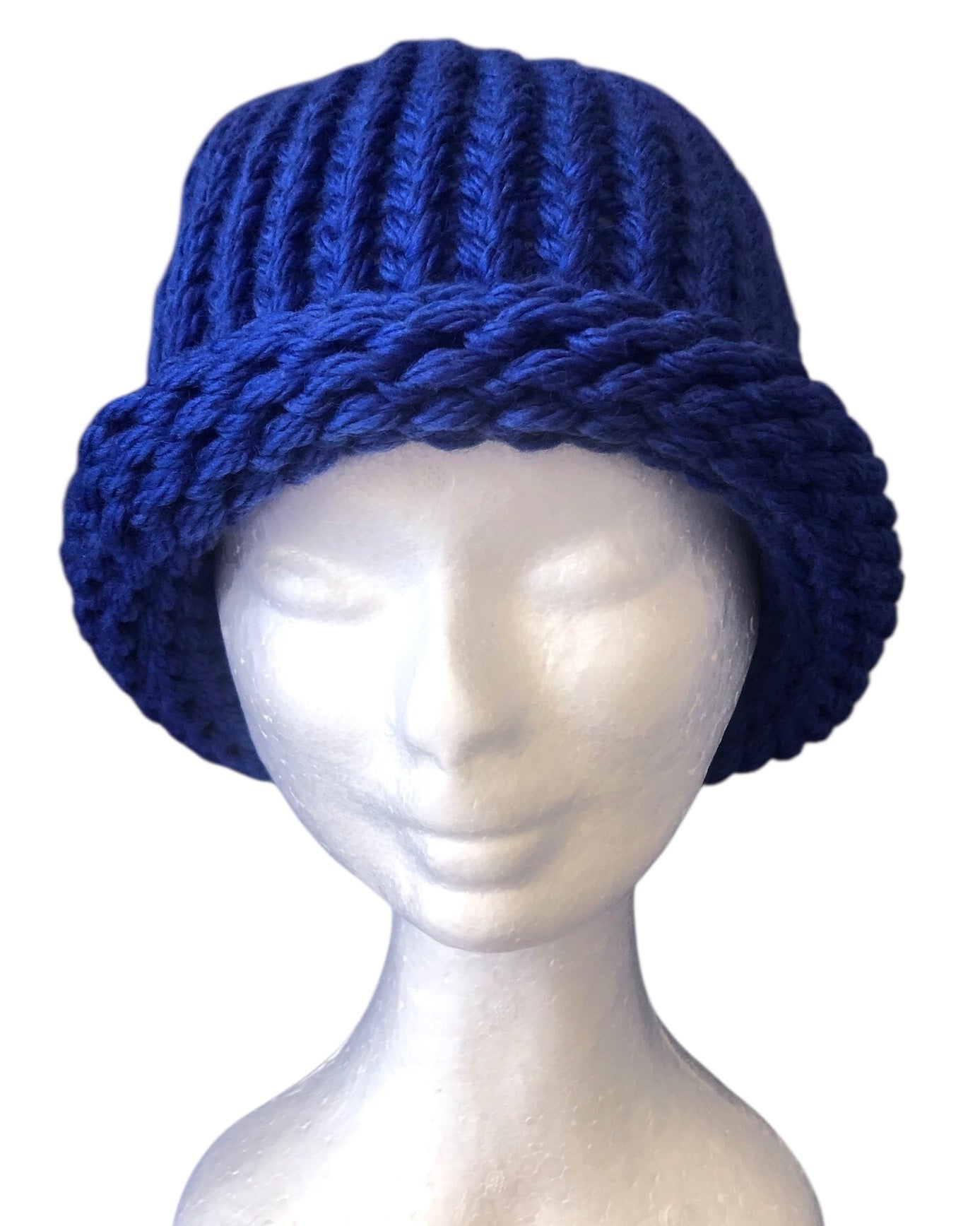 Bold Blue Hand Knit Merino Wool Beanie with Rolled Brim – Premium Knitwear
