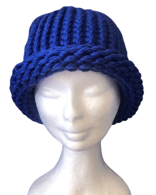 Bold Blue Hand Knit Merino Wool Beanie with Rolled Brim – Premium Knitwear