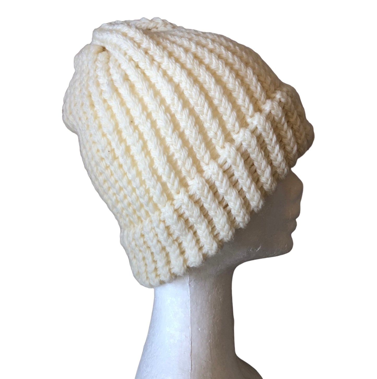 High-Quality Hand-Knit White Beanie - 100% Wool, Luxury Winter Hat, Handmade