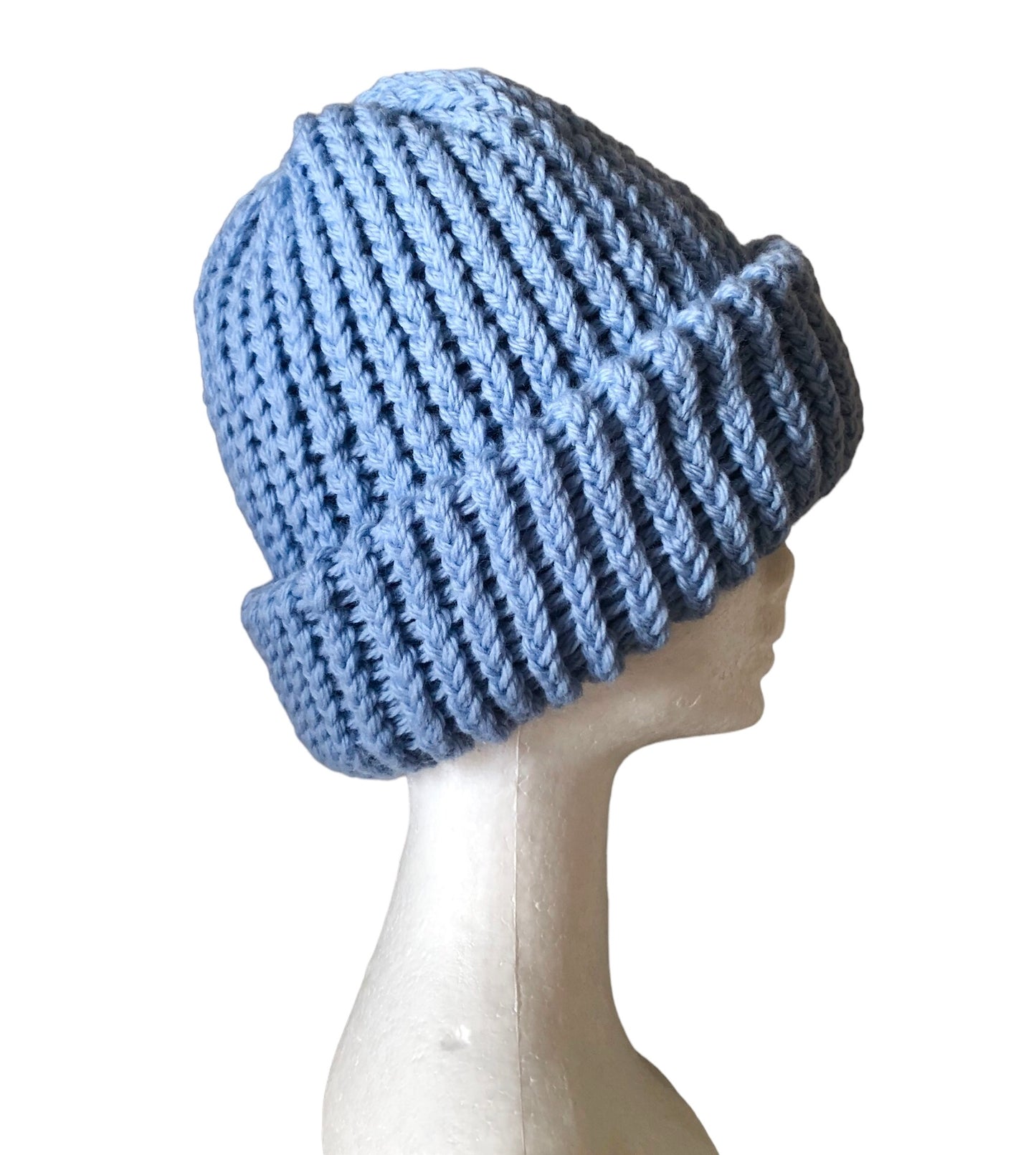 Hand Knit Luxury 100% Wool Beanie, Light Blue, Soft And Warm High Quality Hat