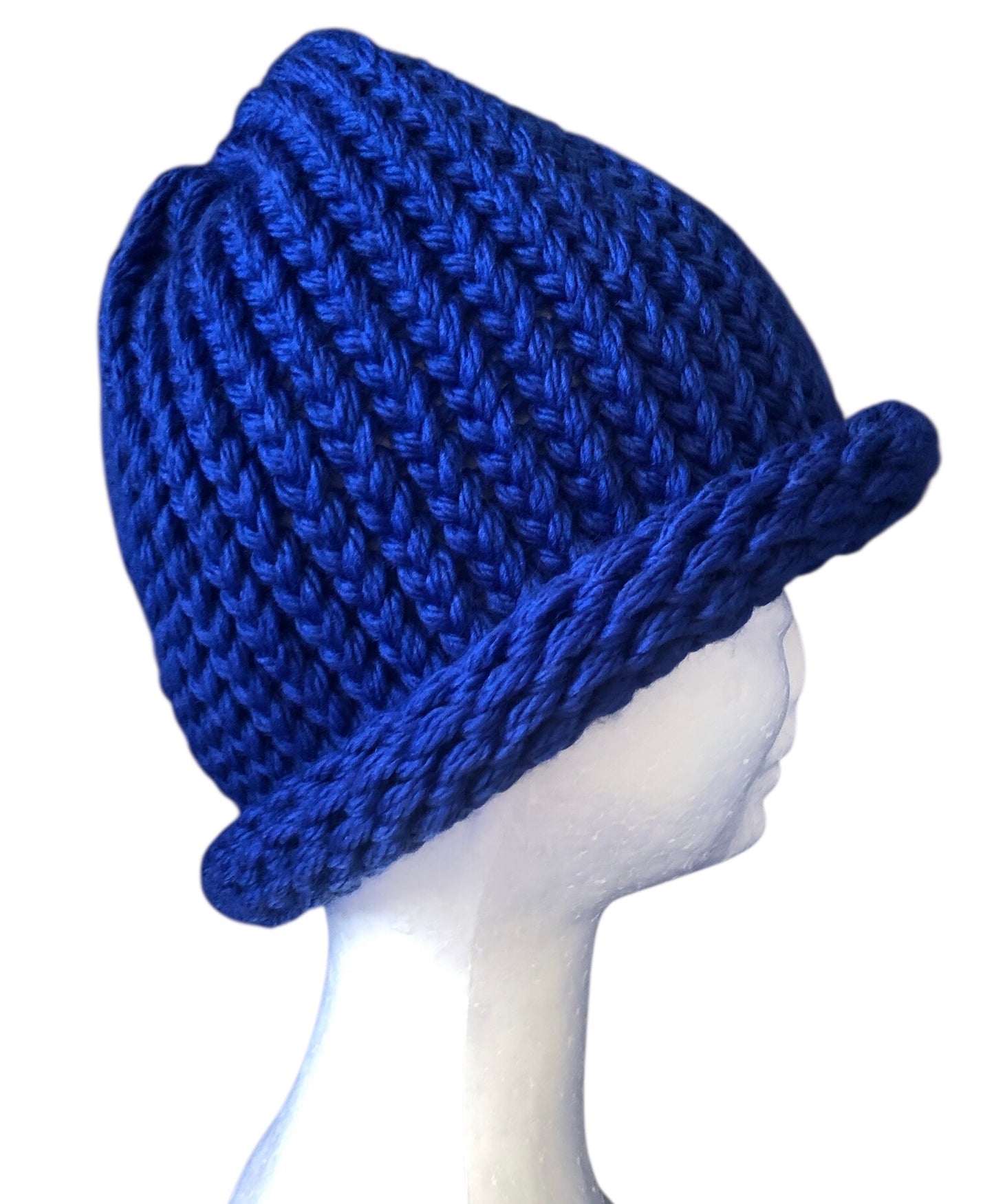 Bold Blue Hand Knit Merino Wool Beanie with Rolled Brim – Premium Knitwear