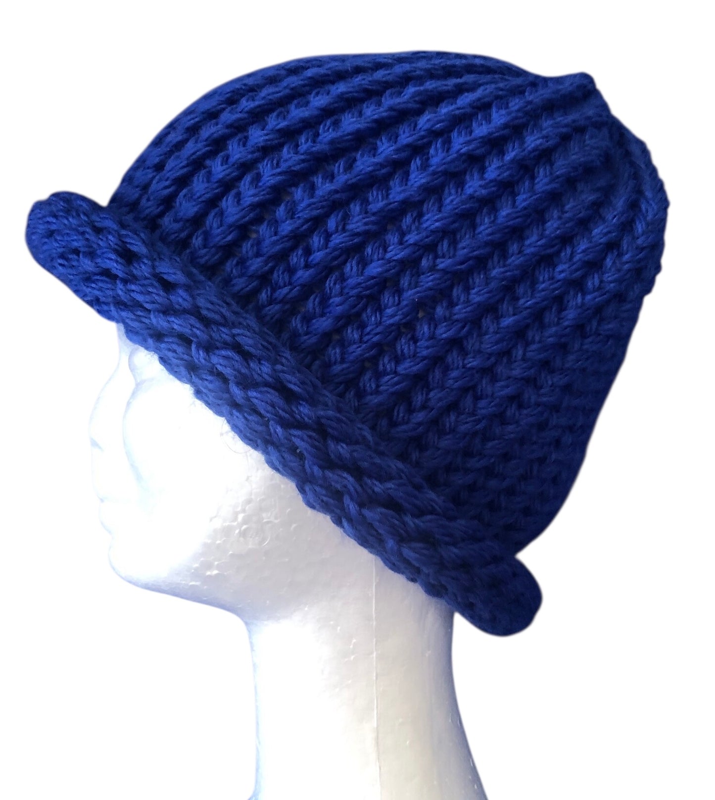 Bold Blue Hand Knit Merino Wool Beanie with Rolled Brim – Premium Knitwear