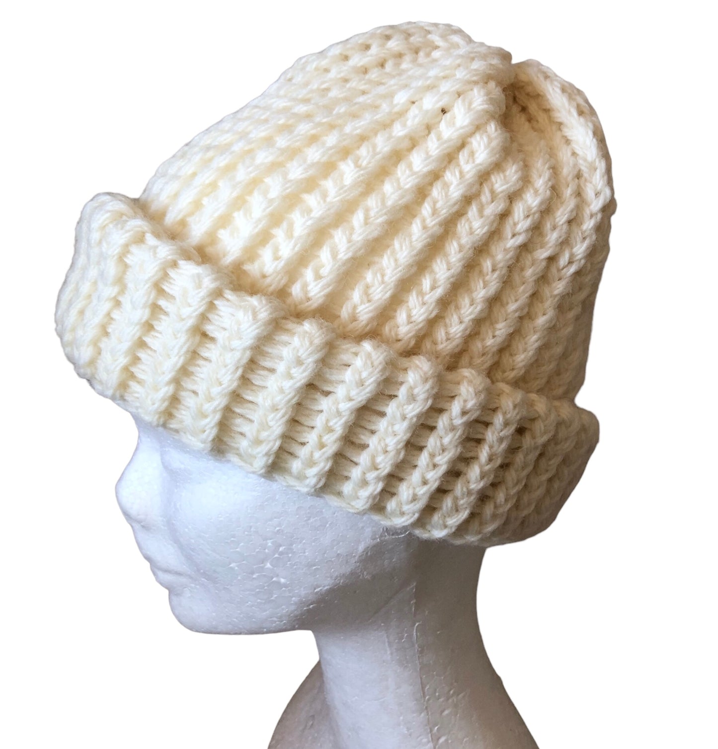 High-Quality Hand-Knit White Beanie - 100% Wool, Luxury Winter Hat, Handmade