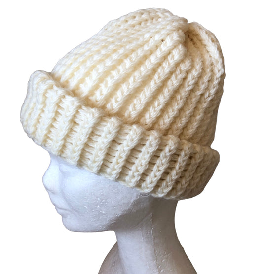 High-Quality Hand-Knit White Beanie - 100% Wool, Luxury Winter Hat, Handmade