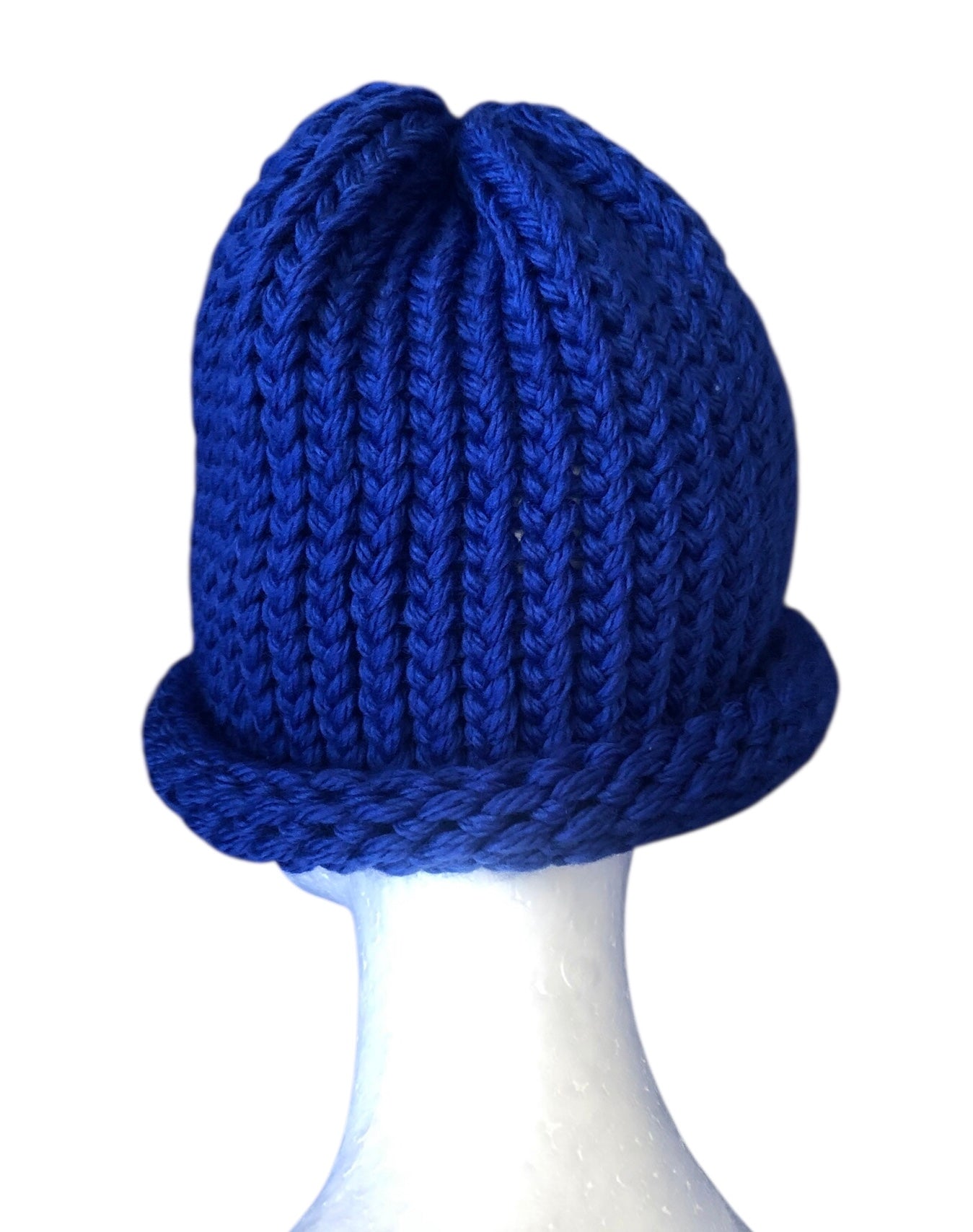 Bold Blue Hand Knit Merino Wool Beanie with Rolled Brim – Premium Knitwear