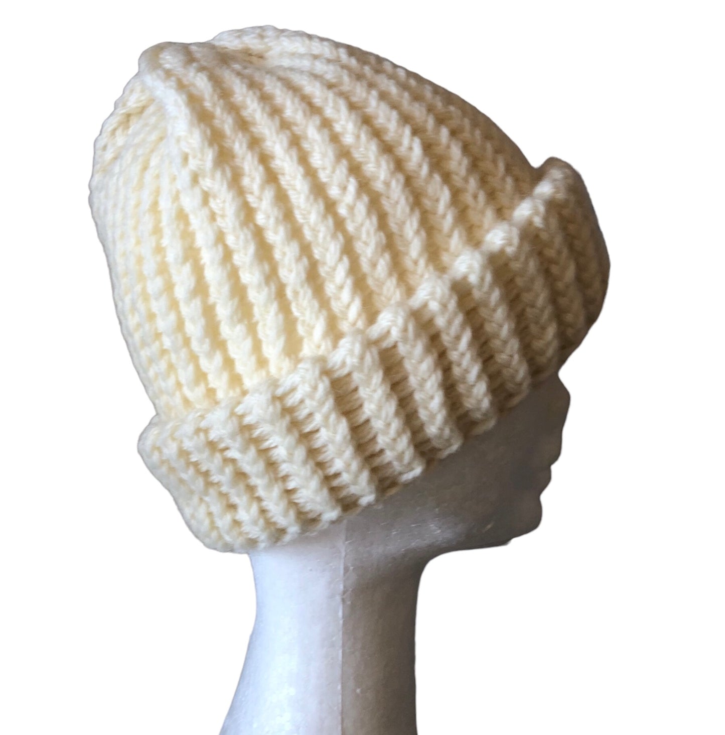 Handmade White Wool Beanie - Luxury Hand-Knit, 100% Pure Wool, Adult Winter Hat