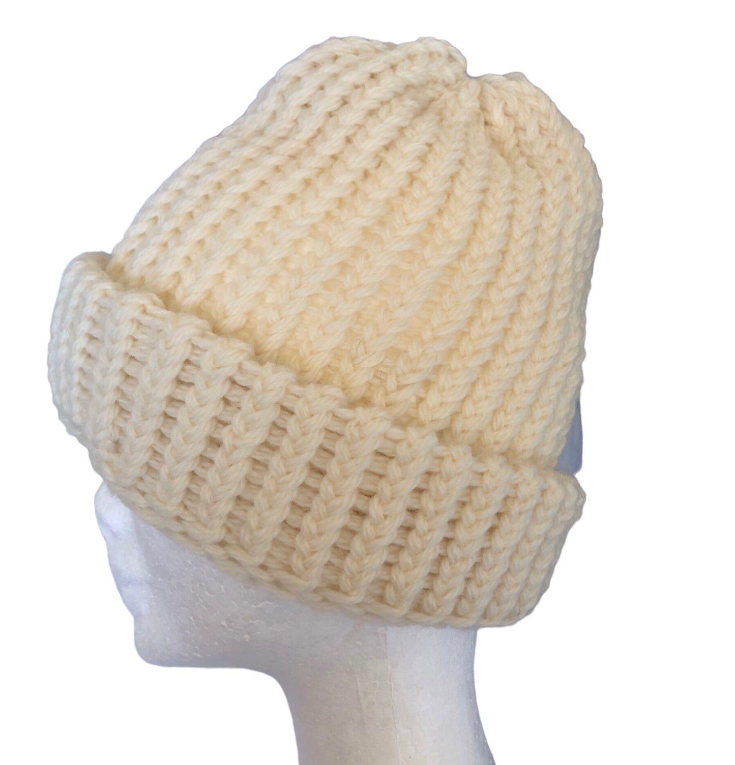 Handmade White Wool Beanie - Luxury Hand-Knit, 100% Pure Wool, Adult Winter Hat