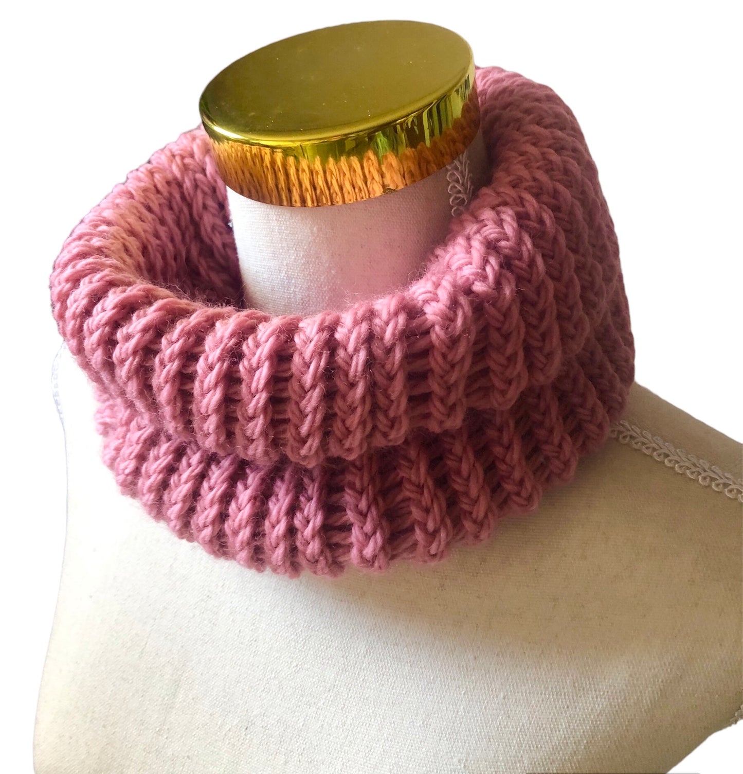 Luxury Hand Knit 100% Merino Wool Rose Pink Cowl - High Quality Winter Cowl